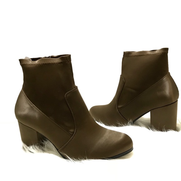 brown satin block heel booties - Picture 3 of 7